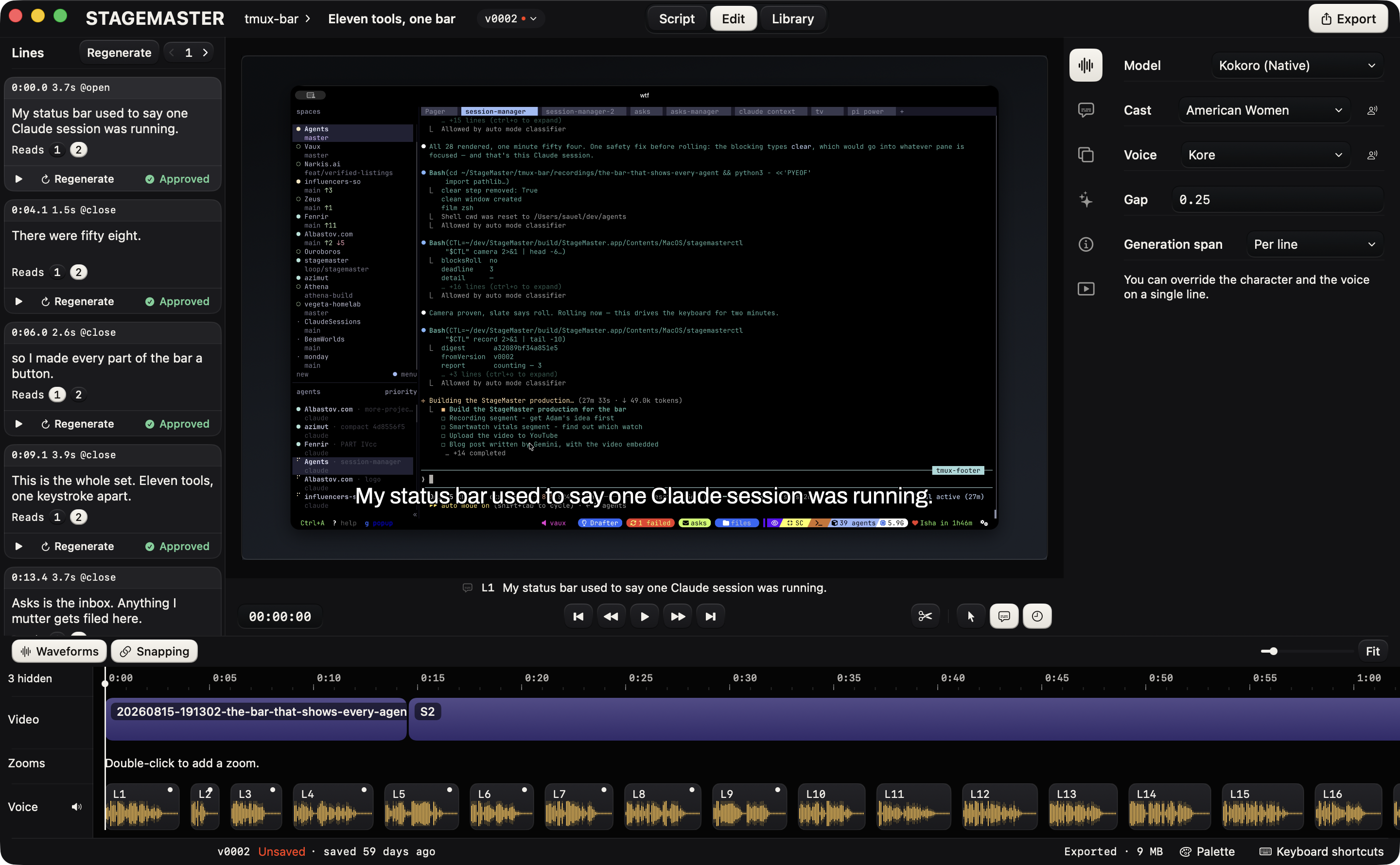 The StageMaster editor: the script's lines on the left, the recorded take with its subtitle in the middle, the voice settings on the right, and the voiced lines on the timeline below.